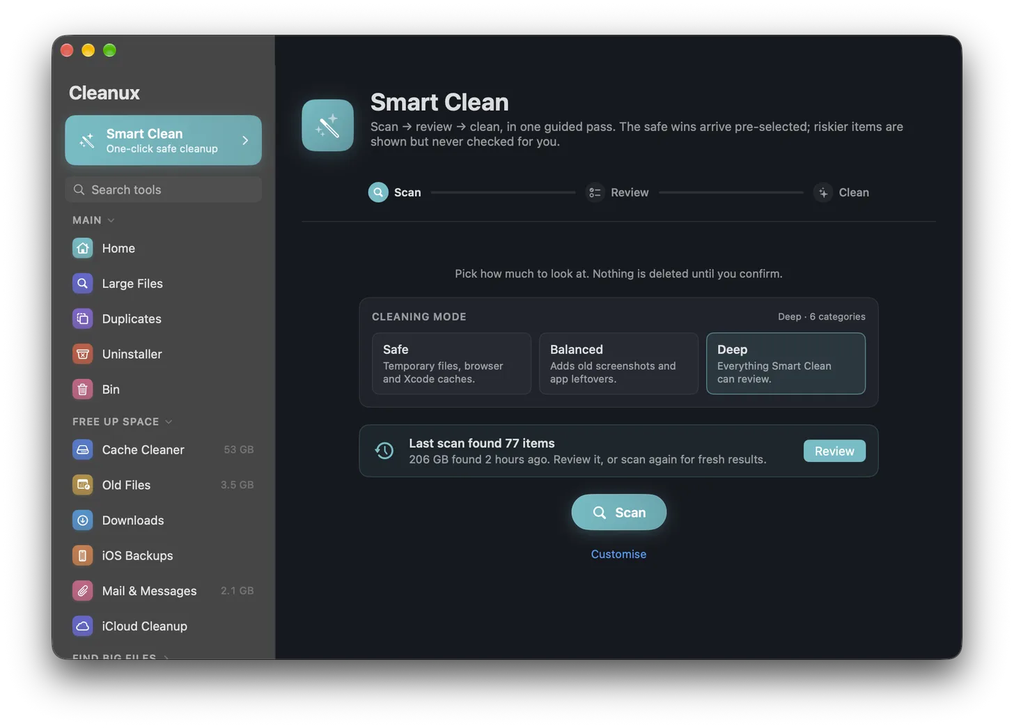 The Smart Clean screen in Cleanux, with scan, review and clean steps across the top and a choice of Safe, Balanced or Deep cleaning modes.